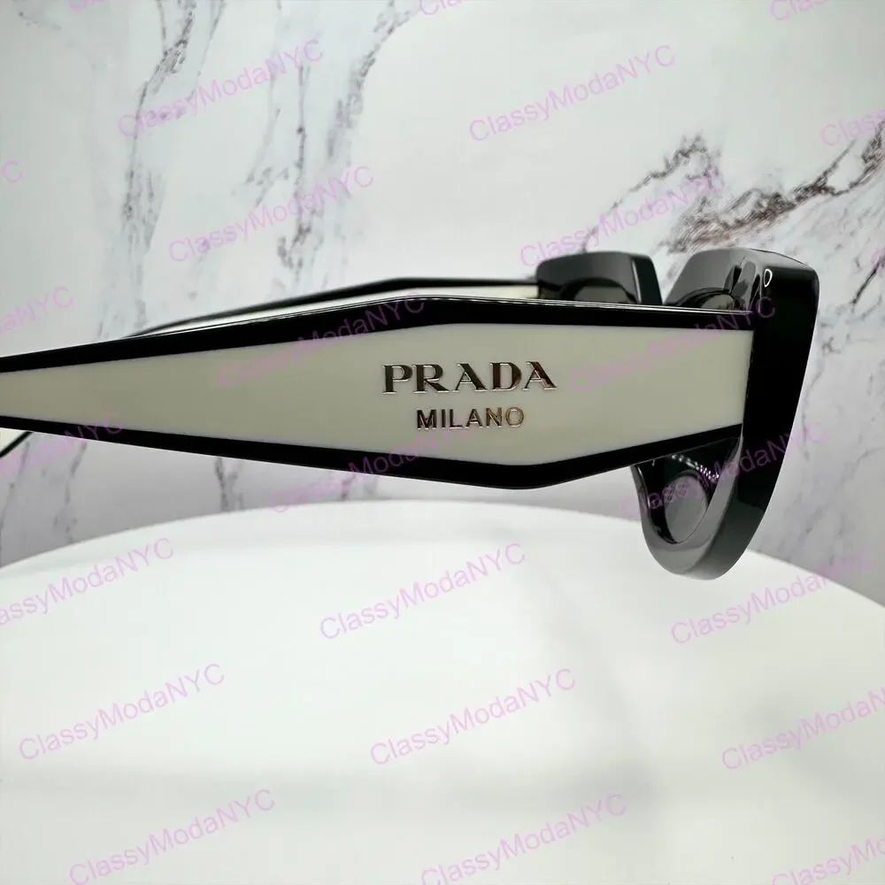 New PRADA Sunglasses Black White Talc Gold Symbole Oval Cat Eye Womens